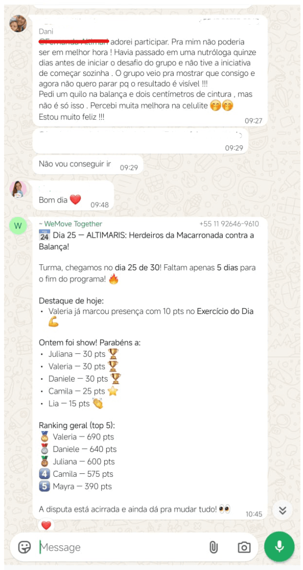 Print real do grupo no WhatsApp — depoimento de participante, o resumo do dia 25 da turma e o ranking com a torcida do grupo