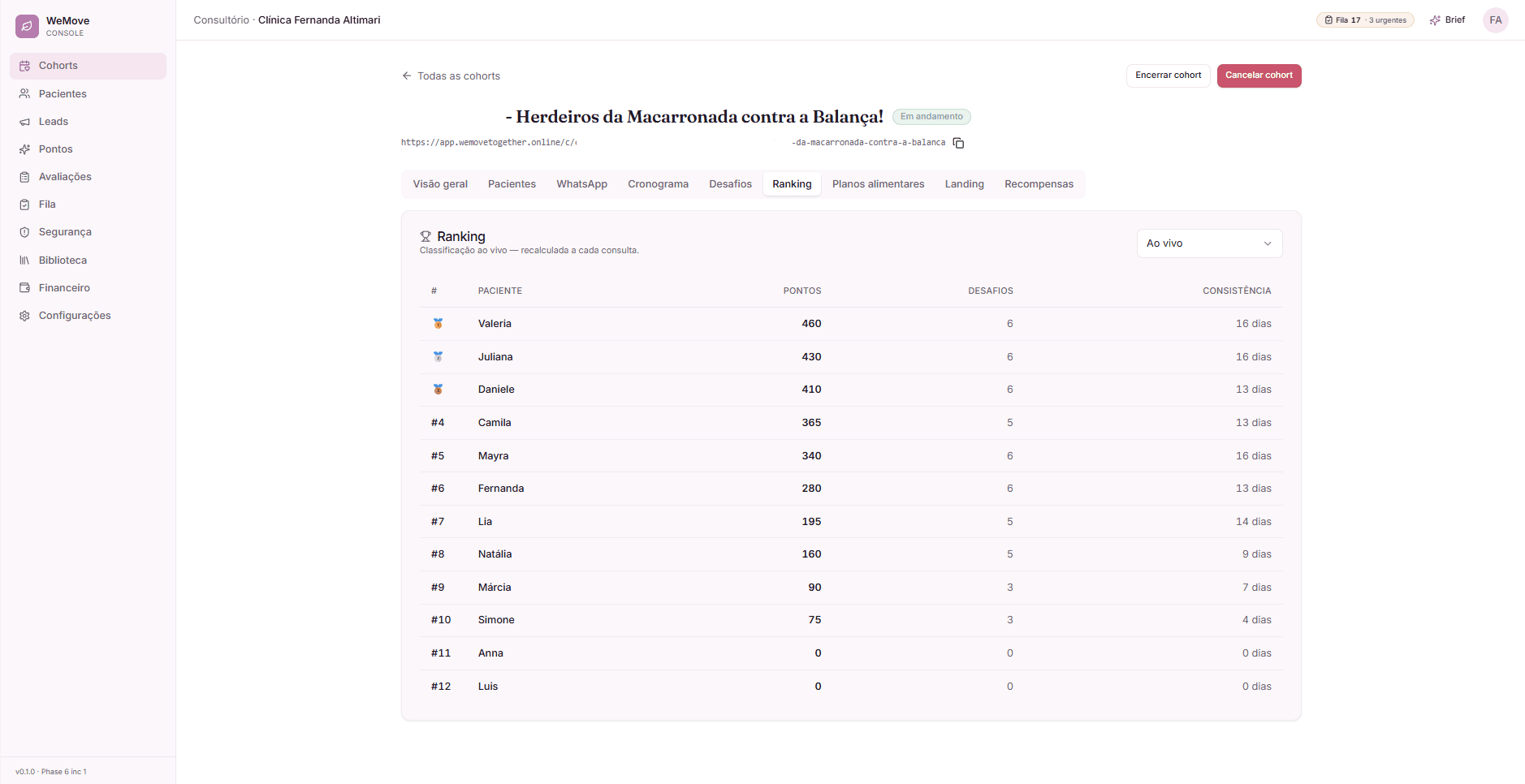 Print do ranking de uma turma — pontos, desafios cumpridos e consistência