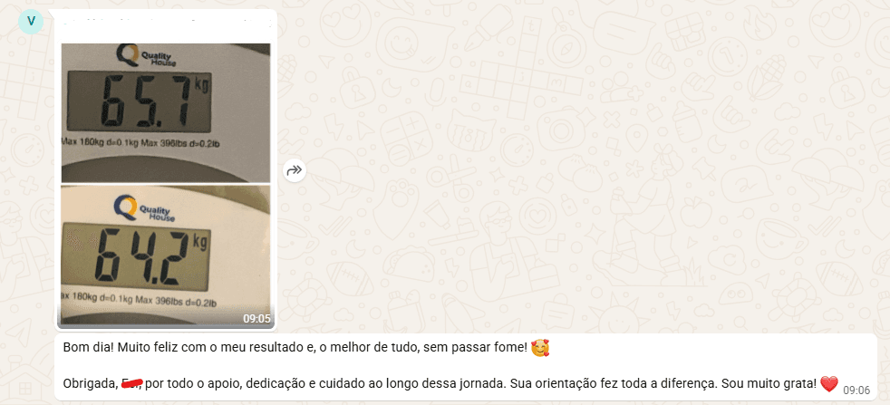 Print do WhatsApp — participante celebrando o próprio progresso e agradecendo o apoio, feliz por não ter passado fome