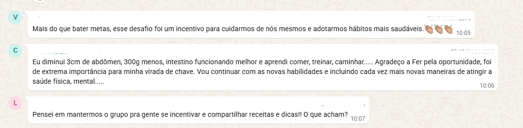 Print do WhatsApp — participantes no fim da turma falando em hábitos mais saudáveis e pedindo pra manter o grupo