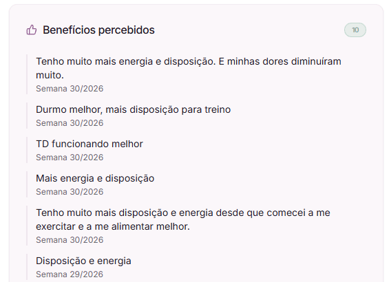 Painel de benefícios percebidos — participantes relatando mais energia, disposição e sono melhor nos check-ins semanais
