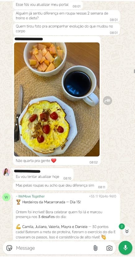 Print do WhatsApp — dia 15: o grupo celebra quem cumpriu os 3 desafios do dia
