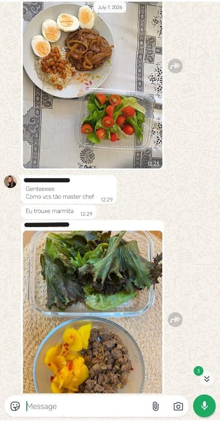 Print do WhatsApp — pacientes compartilhando fotos das refeições e marmitas no grupo